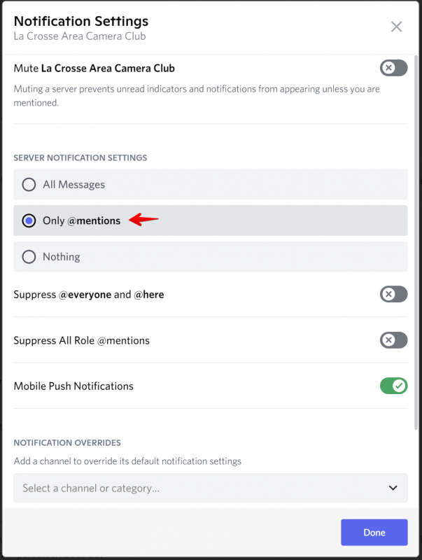 Screenshot of the Discord server notification settings.