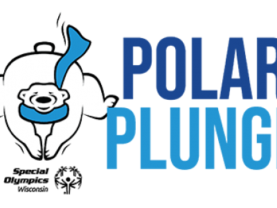 Cartoon image of a plunging polar bear with the words Polar Plunge in blue on the right.