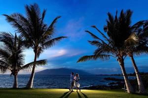 Couple in Hawaii under palm trees by La Crosse Photographer Jeff Wiswell of J.L. Wiswell Photography