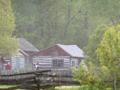 View of the homestead buildings at Norskedalen with a fence and tree in the foreground.