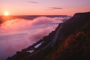Sunrise over the Mississippi River from the top of a bluff.